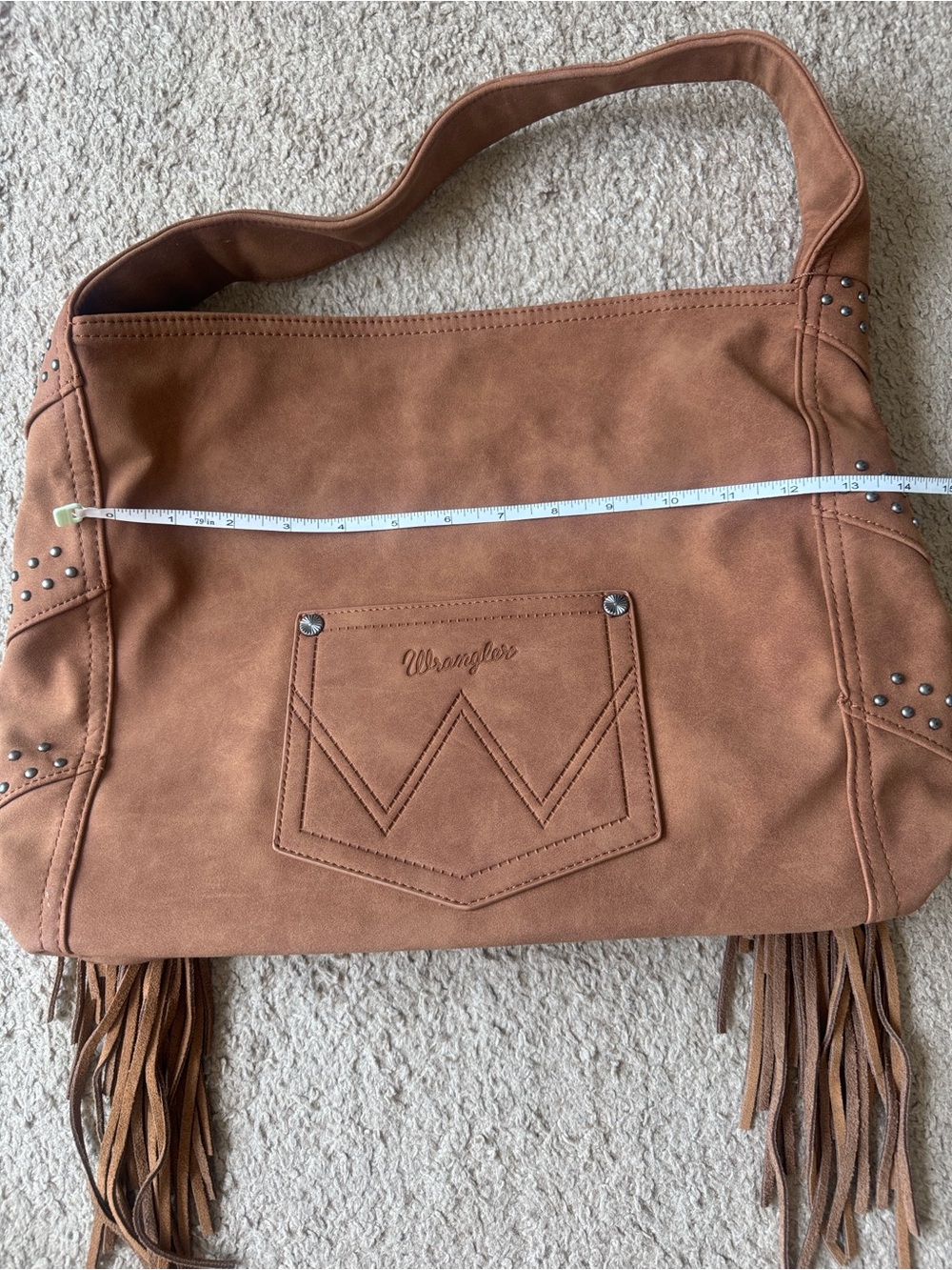 NWT WRANGLER WOMEN'S SHILOH FRINGE
STUDDED HOBO BAG - Brown/Tan - Picture 9 of 11
